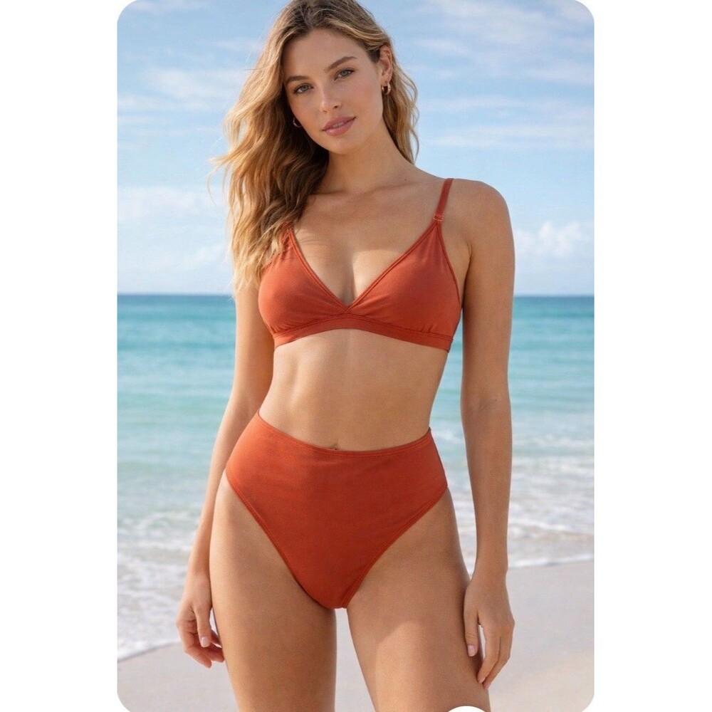 Cupshe Womens High-Waisted Bikini Set In Rust Adjustable Straps XL